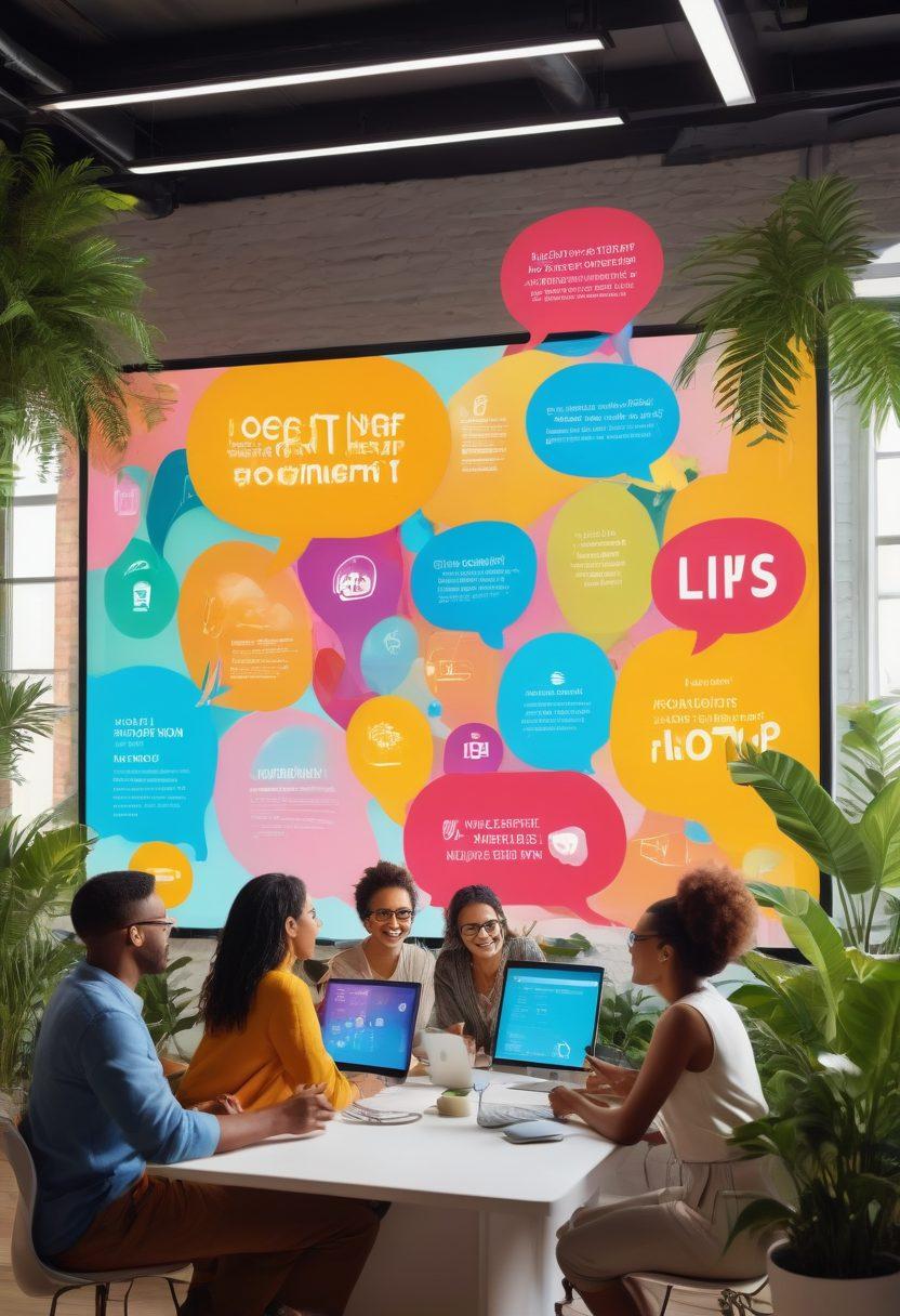 A diverse group of enthusiastic individuals gathered around a large digital screen, showcasing vibrant blog posts and interactive content. They are actively discussing ideas and sharing digital devices, with speech bubbles emanating from them filled with colorful words and symbols of creativity. The background features a modern workspace with plants and art, symbolizing community and empowerment. bright colors. dynamic composition. 3D.
