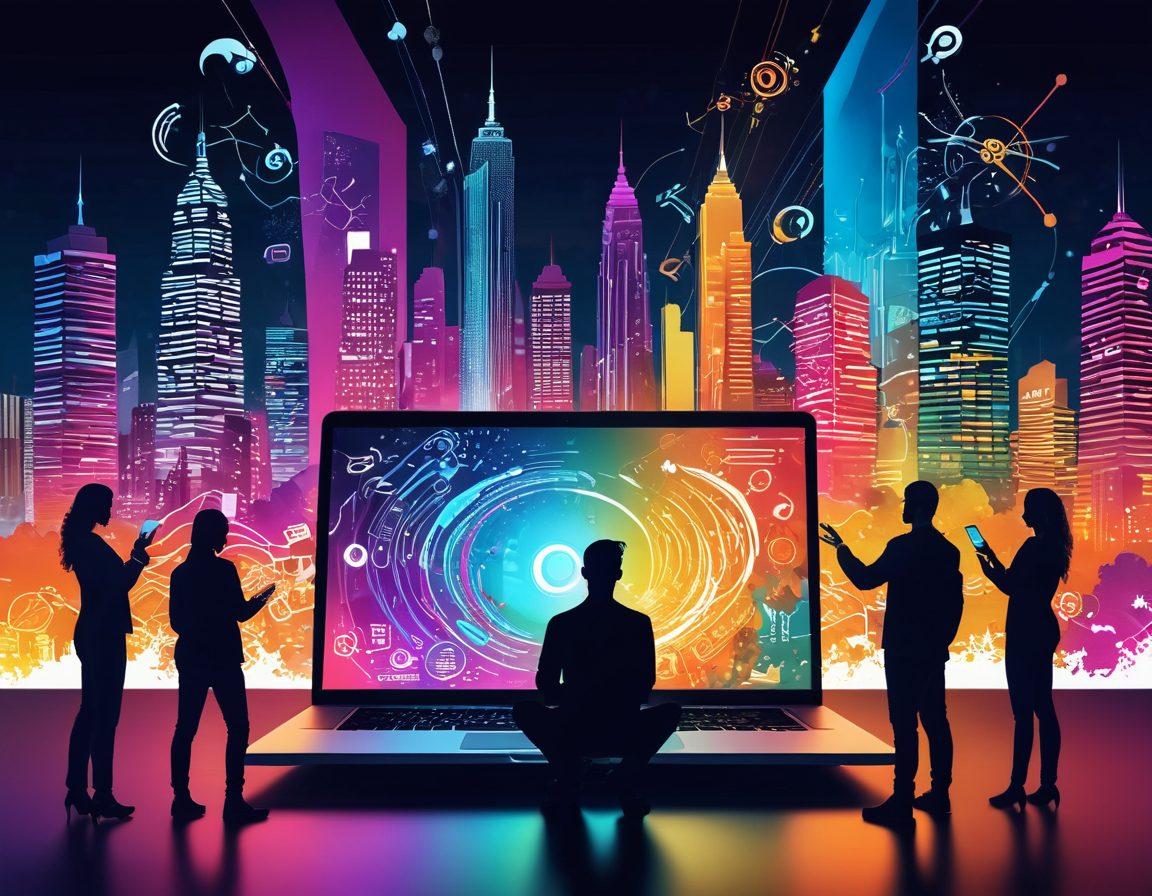 A vibrant illustration of diverse individuals collaborating around a large glowing laptop, showcasing dynamic content creation with colorful visual elements like words, images, and graphs swirling around them. The background is a lively, tech-inspired cityscape symbolizing the blogosphere, with social media icons floating in the air. The scene should radiate energy and creativity, inviting viewers to join the community. super-realistic. vibrant colors. tech-inspired.