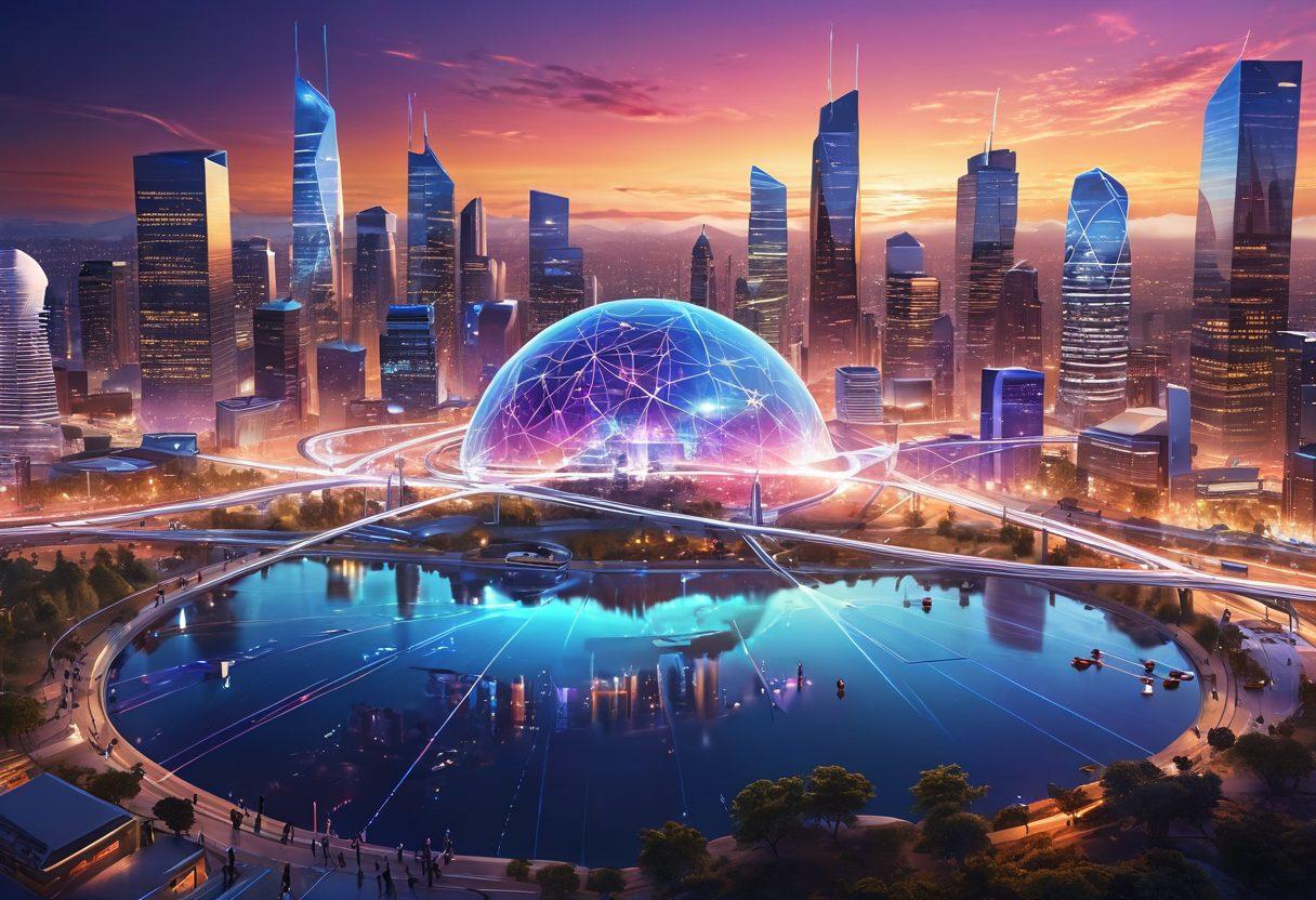 A dynamic and futuristic digital landscape showcasing interconnected nodes symbolizing creativity and collaboration. The scene features diverse individuals using various devices to connect and share ideas, with vibrant streams of light representing content flow. The background blends a sunrise emerging over a cityscape, highlighting innovation and progress. super-realistic. vibrant colors. 3D.